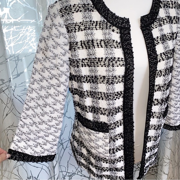 ST. JOHN black white checker print tweed long sleeves open front cardigan jacket - Picture 3 of 13